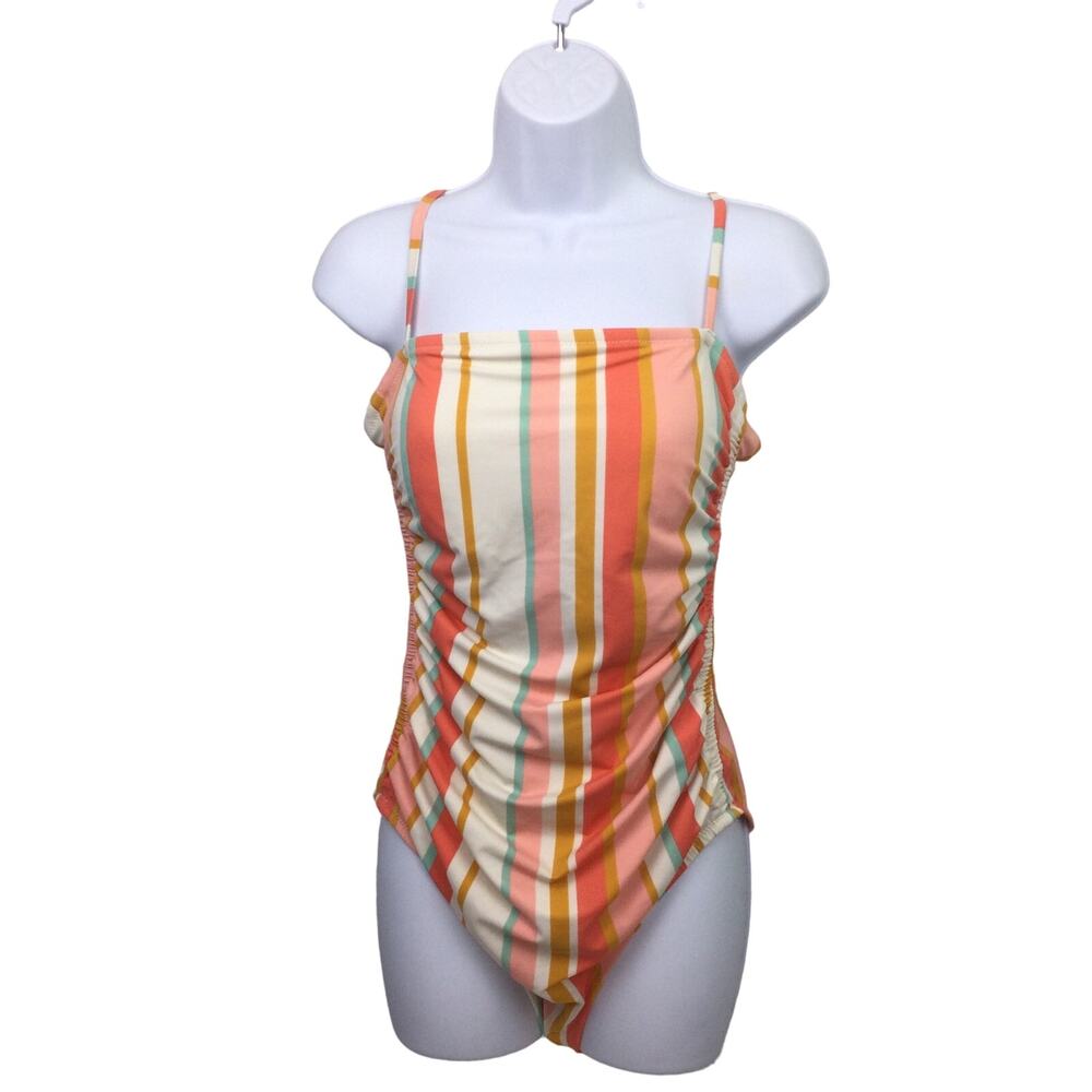 Kona Sol Beach Coastal Pastel Retro Ruched Open Back One Piece Swimwear Large